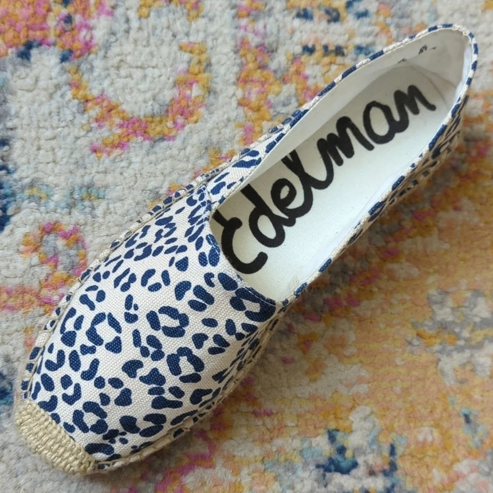 Sam Edelman Verona Leopard Print Canvas Slip On Espadrille Flats Cream Navy 8.5
